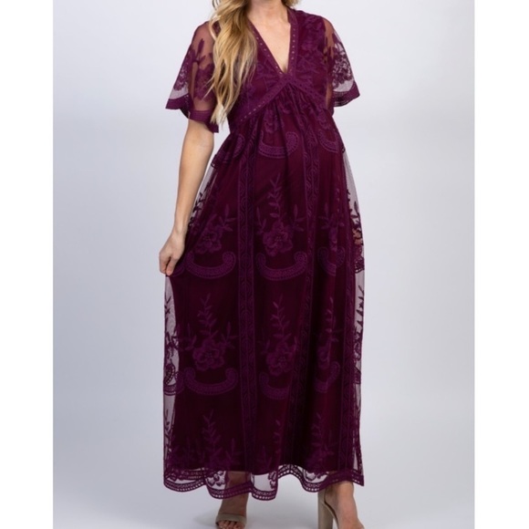 PinkBlush Burgandy lace overlay maxi maternity - Picture 2 of 7